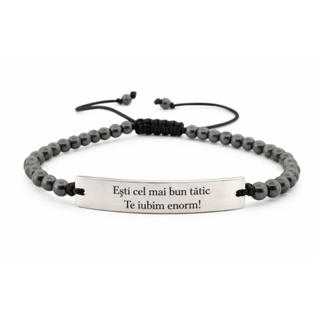 Brățări Personalizate cu Nume / Mesaje - Brățară Bărbați cu Șnur, Hematit 4mm și Plăcuță Inox Argintie Personalizată Text