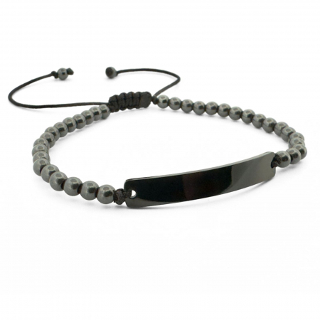 Brățară Bărbați cu Șnur, Hematit 4mm și Plăcuță Inox Neagră Personalizată Text [2]