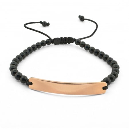 Brățări - Brățară Bărbați cu Șnur, Onix 4mm și Plăcuță Roz-Aurie Personalizată Text