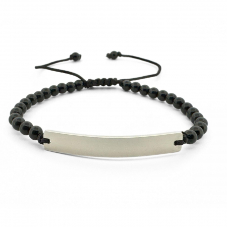 Brățară Bărbați cu Șnur, Onix 4mm și Plăcuță Argintie Personalizată Text