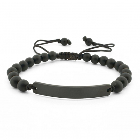 Brățări - Brățară Bărbați cu Șnur, Onix Mat 6mm și Plăcuță Neagră Personalizată Text
