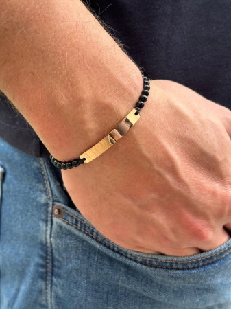 Brățară Bărbați cu Șnur, Onix 4mm și Plăcuță Roz-Aurie Personalizată Text [1]