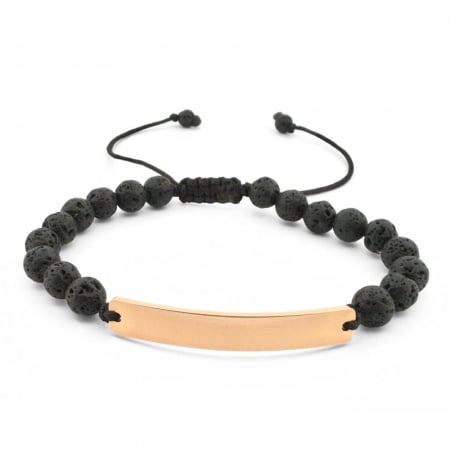 Brățări - Brățară Bărbați cu Șnur, Lavă Vulcanică 6 mm și Plăcuță Roz-Aurie – Personalizată Text