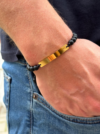 Brățară Bărbați cu Șnur, Onix Mat 6mm și Plăcuță Aurie Gravată Text [1]