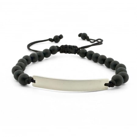 Brățări - Brățară Bărbați cu Șnur, Onix Mat 6mm și Plăcuță Argintie Gravată Text