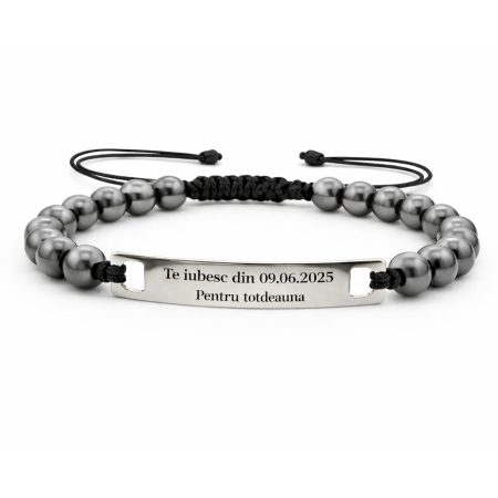 Brățări Personalizate cu Nume / Mesaje - Brățară Bărbați cu Șnur, Pietre Hematit 6mm și Plăcuță Inox Personalizată Text