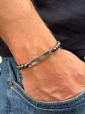 Brățară Bărbați cu Șnur, Pietre Hematit 6mm și Plăcuță Inox Personalizată Text [1]