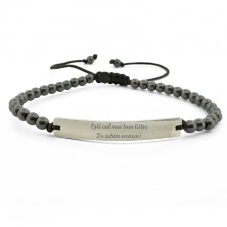 Brățări - Brățară Bărbați cu Șnur, Hematit 4mm și Plăcuță Inox Argintie Personalizată Text