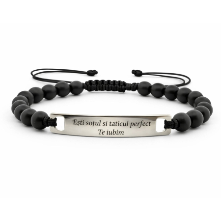 Brățară Bărbați cu Șnur, Pietre Onix 6mm și Plăcuță Inox Personalizată Text