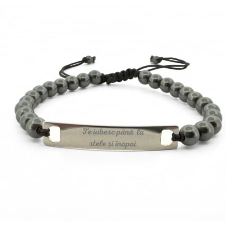 Brățări - Brățară Bărbați cu Șnur, Pietre Hematit 6mm și Plăcuță Inox Personalizată Text