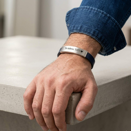 Brățară Bărbați Piele Bleumarin Personalizată – Plăcuță Inox, Gravură Mesaj, Cadou pentru El [1]