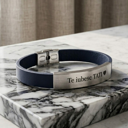 Brățară Bărbați Piele Bleumarin Personalizată – Plăcuță Inox, Gravură Mesaj, Cadou pentru El [2]