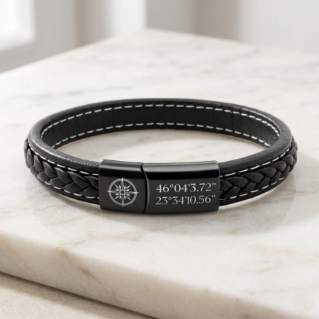 Brățară Bărbați Piele Neagră Împletită Personalizată – Închidere Magnetică Inox, Gravură Mesaj [2]