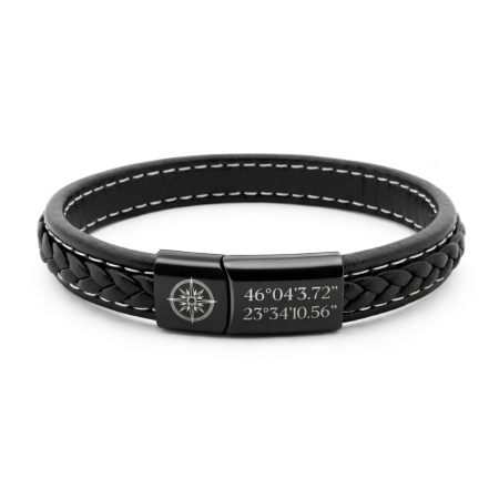 Brățări - Brățară Bărbați Piele Neagră Împletită Personalizată – Închidere Magnetică Inox, Gravură Mesaj