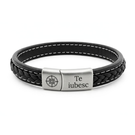 Brățări - Brățară Bărbați Piele Neagră Împletită Personalizată – Închidere Magnetică Inox Argintie, Gravură Mesaj