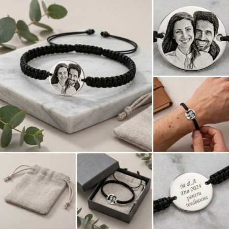 Brățară Personalizată cu Poză și Text – Bănuț Inox 20 mm, Șnur Reglabil, Unisex [4]