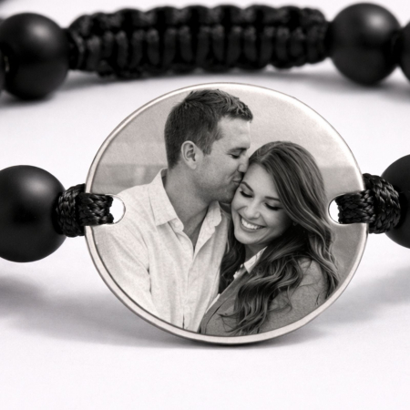 Brățară Personalizată cu Poză și Text – Bănuț Inox 20 mm, Pietre Onix 6 mm, Șnur Reglabil, Unisex [2]