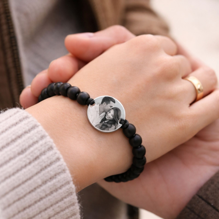 Brățară Personalizată cu Poză și Text – Bănuț Inox 20 mm, Pietre Onix 6 mm, Șnur Reglabil, Unisex [3]