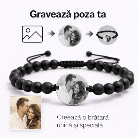 Brățară Personalizată cu Poză și Text – Bănuț Inox 20 mm, Pietre Onix 6 mm, Șnur Reglabil, Unisex [5]