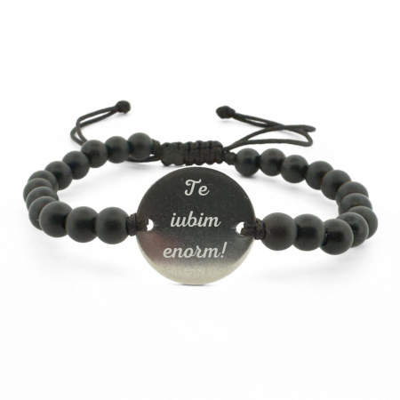 Brățări - Brățară cu Bănuț Personalizat Text din Inox, Pietre Onix, Șnur Reglabil