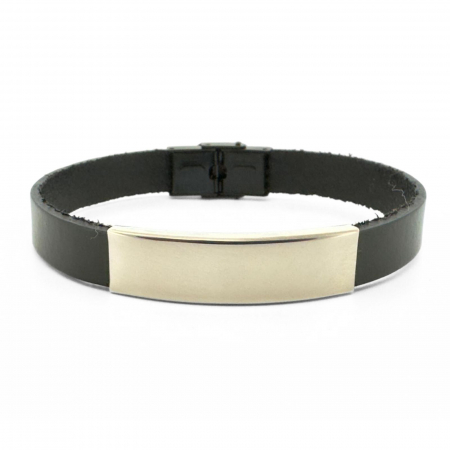 Brățară Bărbați cu Plăcuță Personalizată Inox, Piele Naturală Neagră 10mm [1]