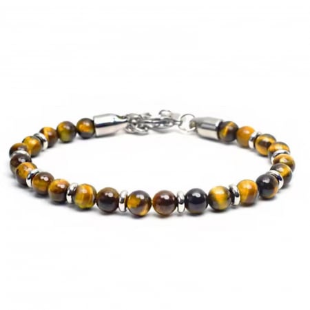 Brățări - Brățară Inox Bărbați cu Pietre Ochi de Tigru 6 mm – Lungime Reglabilă 19–23 cm