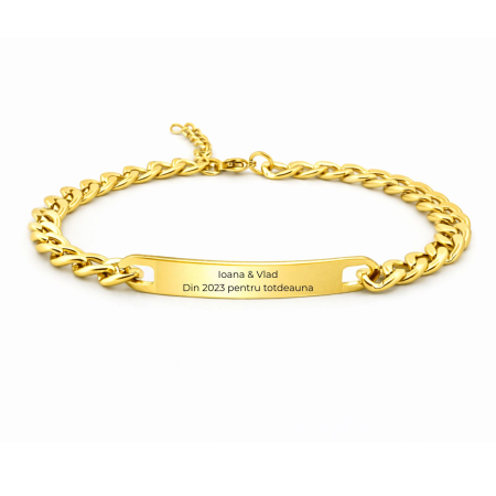 Brățări Personalizate cu Nume / Mesaje - Brățară Inox Bărbați cu Plăcuță Personalizată Text – Lanț Cuban 5 mm, Auriu