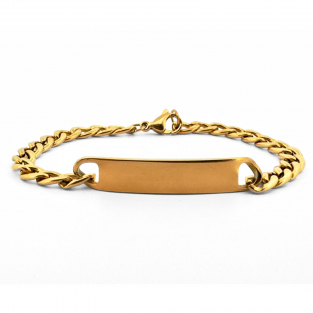 Brățări - Brățară Inox Bărbați cu Plăcuță Personalizată Text – Lanț Cuban 5 mm, Auriu