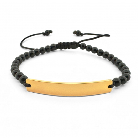 Brățări - Brățară Bărbați cu Șnur, Onix 4mm și Plăcuță Aurie Personalizată Text