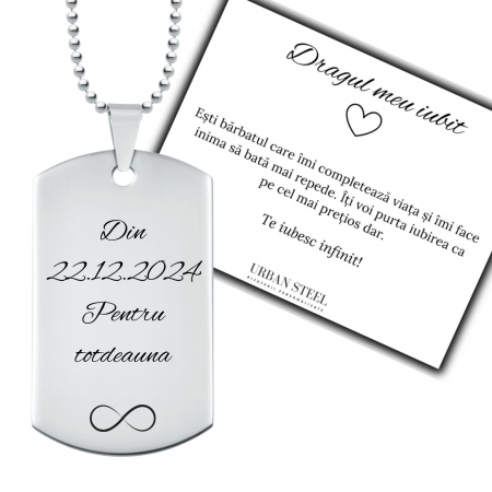 Cadouri - Cadou pentru Iubit - Lanț Personalizat Text, Plăcuță Army, Inox