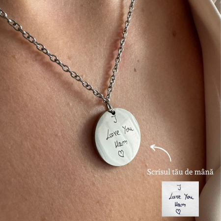 Colier Damă Personalizat cu Scrisul Tău de Mână - Bănuț 20mm, Lanț 45cm, Inox Premium [2]