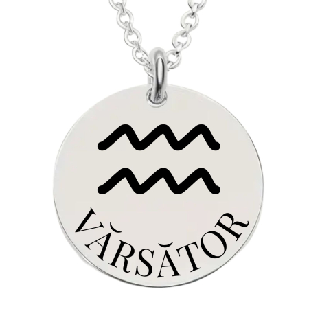 Cadouri pentru iubită și soție - Colier Damă Personalizat cu Zodia Vărsător și Text – Bănuț 20 mm, Lanț 45 cm, Inox Premium