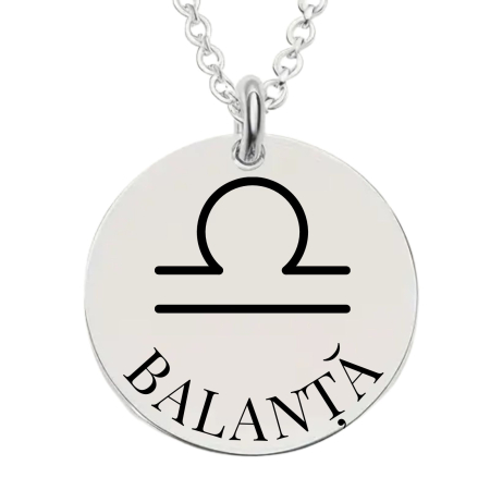 Cadouri pentru iubită și soție - Colier Damă Personalizat cu Zodia Balanță și Text – Bănuț 20 mm, Lanț 45 cm, Inox Premium
