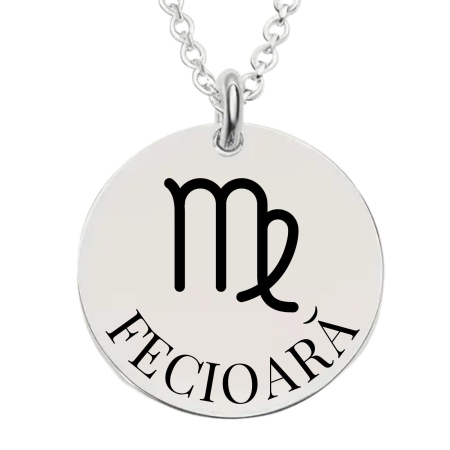 Cadouri pentru iubită și soție - Colier Damă Personalizat cu Zodia Fecioară și Text – Bănuț 20 mm, Lanț 45 cm, Inox Premium
