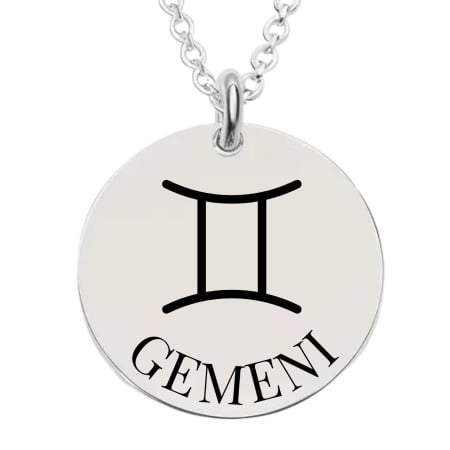 Cadouri pentru iubită și soție - Colier Damă Personalizat cu Zodia Gemeni și Text – Bănuț 20 mm, Lanț 45 cm, Inox Premium