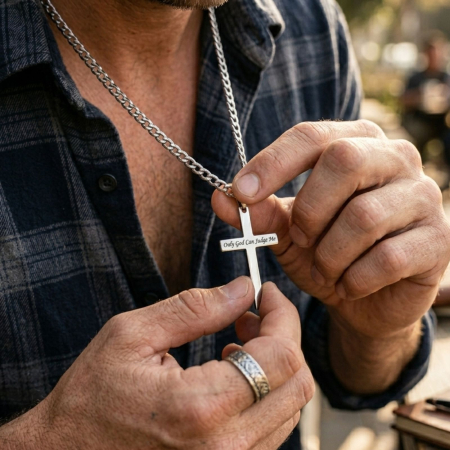 Lanț cu Cruce Bărbați Personalizată Text – Oțel Inoxidabil, Lanț Figaro 60 cm [1]