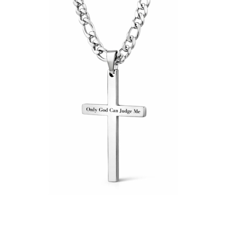 Lanțuri - Lanț cu Cruce Bărbați Personalizată Text – Oțel Inoxidabil, Lanț Figaro 60 cm