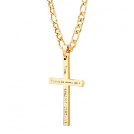 Lanțuri - Lanț cu Cruce Bărbați din Oțel Inoxidabil Auriu, Personalizat, Lanț Figaro
