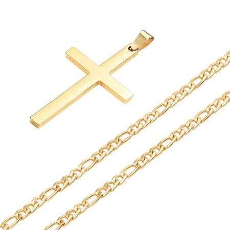 Lanț cu Cruce Bărbați din Oțel Inoxidabil Auriu, Personalizat, Lanț Figaro [1]