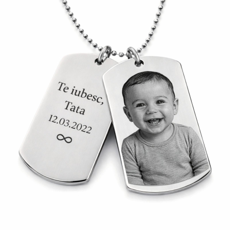 Lanțuri - Lanț Inox Bărbați cu 2 Plăcuțe Army – Personalizat Foto & Text, Lanț cu Biluțe