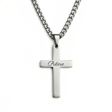 Lanțuri - Lanț Inox Bărbați cu Cruce Personalizată Text – Gravură Față/Verso, Lanț Cuban 3mm