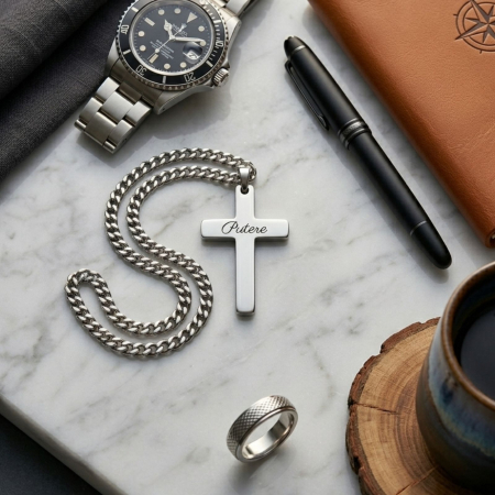Lanț Inox Bărbați cu Cruce Personalizată Text – Gravură Față/Verso, Lanț Cuban 3mm [3]