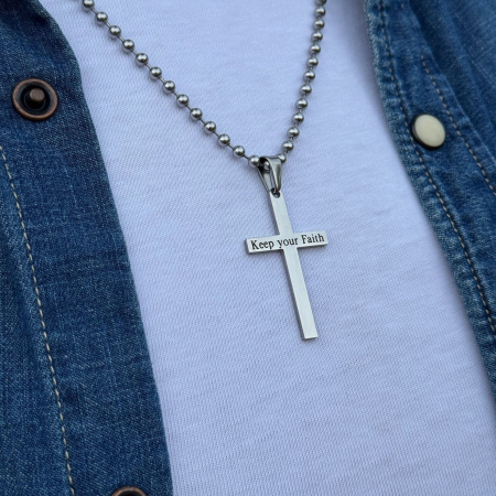 Lanțuri - Lanț Inox Bărbați cu Cruce Personalizat Text, Lanț cu Bile