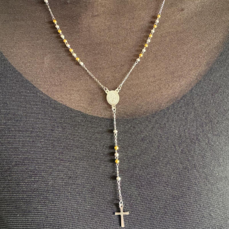 Cadouri pentru iubită și soție - Rozariu Bicolor pentru Damă – Argintiu & Auriu, Oțel Inoxidabil, Lungime 53 cm