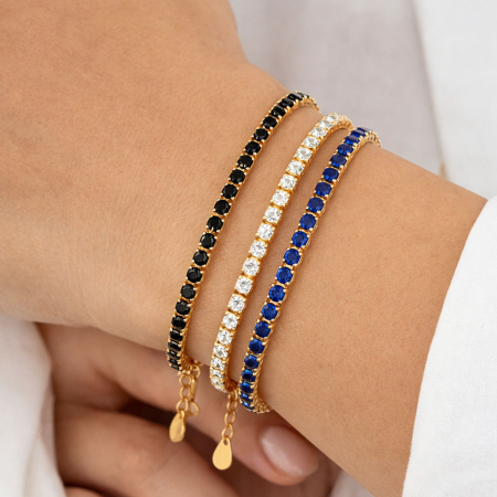 Brățări - Set 3 Brățări Tennis Placate cu Aur 18K – Oțel Inoxidabil, Reglabile – Zirconiu Alb, Negru, Albastru
