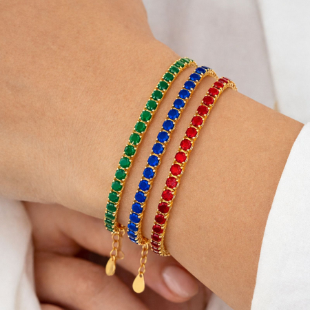 Brățări - Set 3 Brățări Tennis Placate cu Aur 18K – Oțel Inoxidabil, Reglabile – Zirconiu Verde, Roșu, Albastru