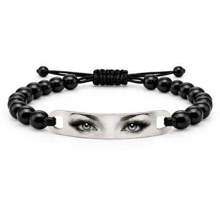 Brățări - Brățară Personalizată cu Poză – Ochii Iubitei, Pietre Onix 6mm, Șnur Reglabil, Plăcuță Inox