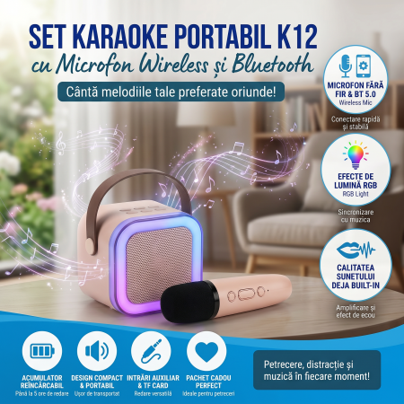 UtiloHome - Set Karaoke Portabil K12 cu Microfon Wireless și Boxă Bluetooth