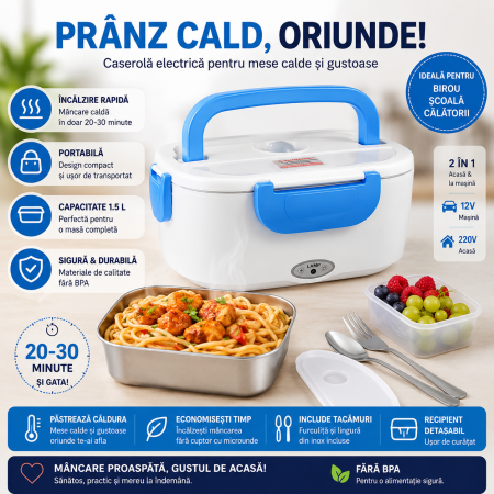 UtiloKitchen - Cutie Electrică pentru Prânz 40W – Mese Calde Oriunde Te Afli