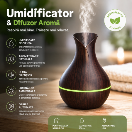 UtiloHome - Difuzor Aromaterapie și Umidificator cu LED